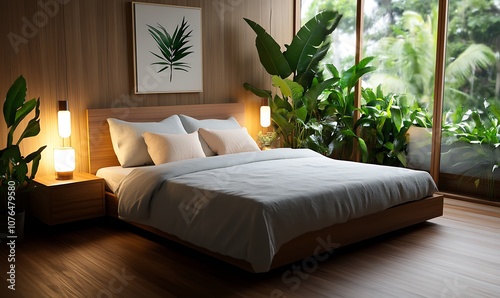 Modern bedroom with large bed, wooden floor and large windows overlooking lush greenery.