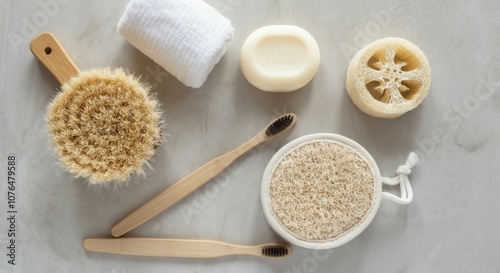 Natural bath essentials on marble surface with eco-friendly brushes and soaps