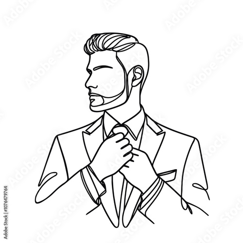 Groom, man in suit in continuous line drawing style. black line sketch, line design isolated on white background. Hand drawn vector illustration.