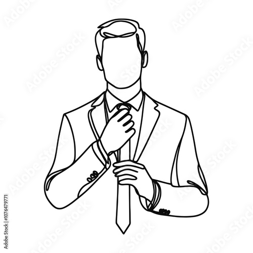 Groom, man in suit in continuous line drawing style. black line sketch, line design isolated on white background. Hand drawn vector illustration.