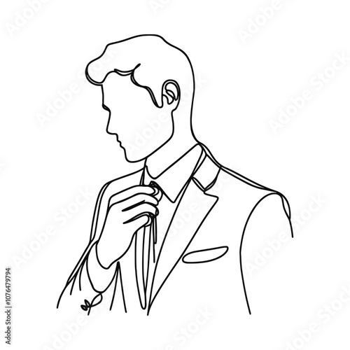 Groom, man in suit in continuous line drawing style. black line sketch, line design isolated on white background. Hand drawn vector illustration.