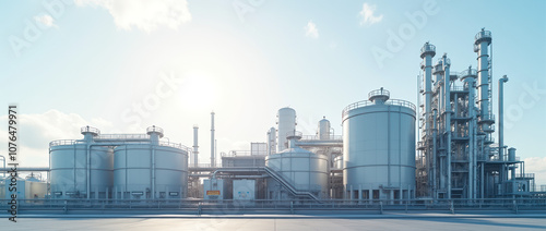 Hyper-realistic view of a chemical plant with storage tanks and extensive piping