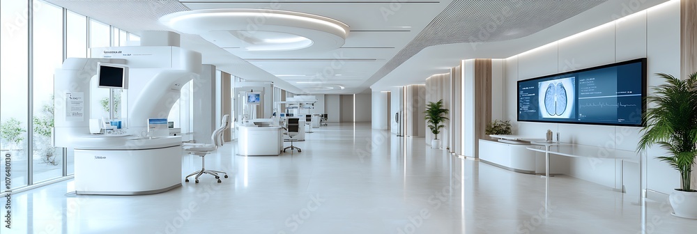 Modern, bright, and spacious hospital hallway with a futuristic medical equipment. Modern, bright, and spacious hospital hallway with a futuristic medical equipment.