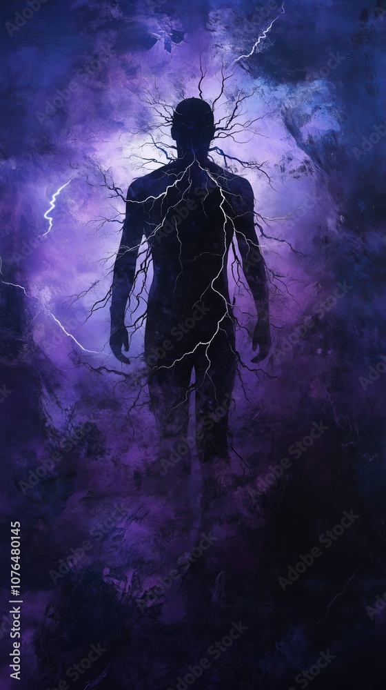 Obraz premium A human silhouette stands against a vibrant purple backdrop, with lightning-like energies radiating outward, symbolizing inner turmoil and stress. The atmosphere is charged and intense