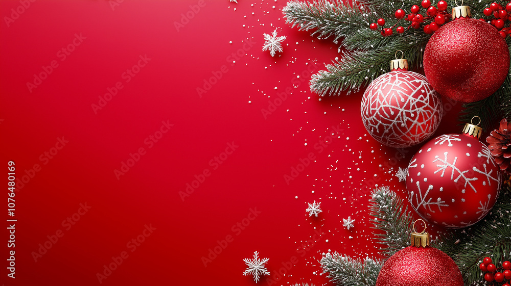 Red and green Christmas decorations on a red background Red and green Christmas decorations on a red background