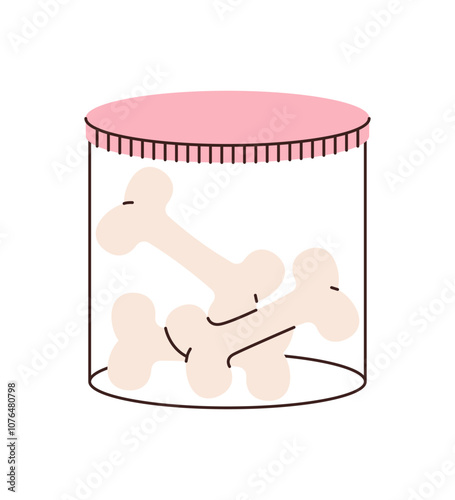 Bones for pets dogs in glass jar with lid. Dog treats concept. Cute hand drawing vector illustration.