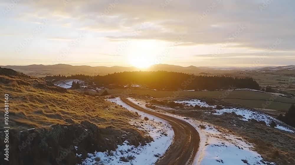 Obraz premium Winding Road Through Snowy Hills and a Forest at Sunset