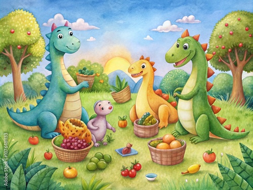 Hand-Drawn Cartoon of a Dinosaur Family Enjoying a Picnic in a Watercolor Prehistoric Meadow Surrounded by Oversized Fruits for a Whimsical and Colorful Scene