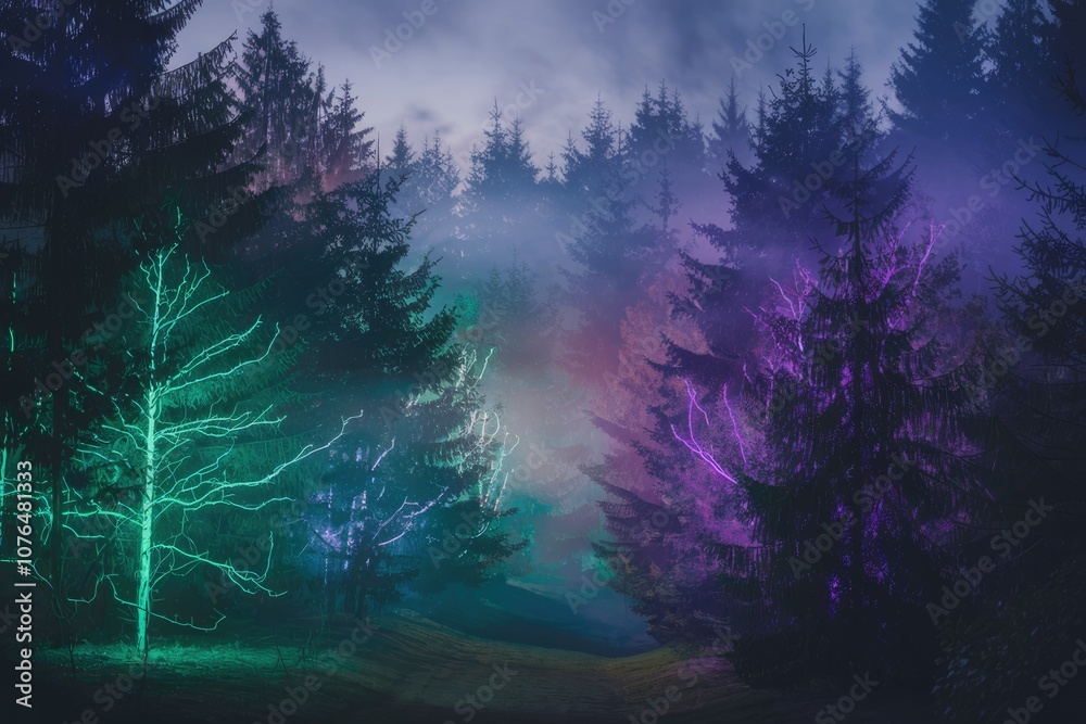 Obraz premium A misty forest at night with glowing trees in purple and green.