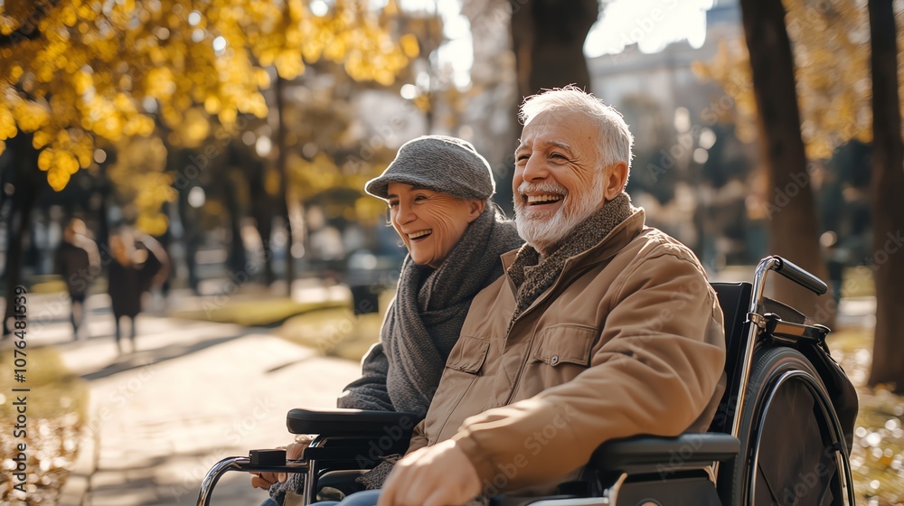 An elderly couple laughs and smiles while sitting in wheelchairs in a park. An elderly couple laughs and smiles while sitting in wheelchairs in a park.