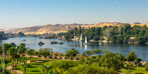 Photos Aerial panoramic view of the Nile river with Feluccas (traditional egyptian sail
