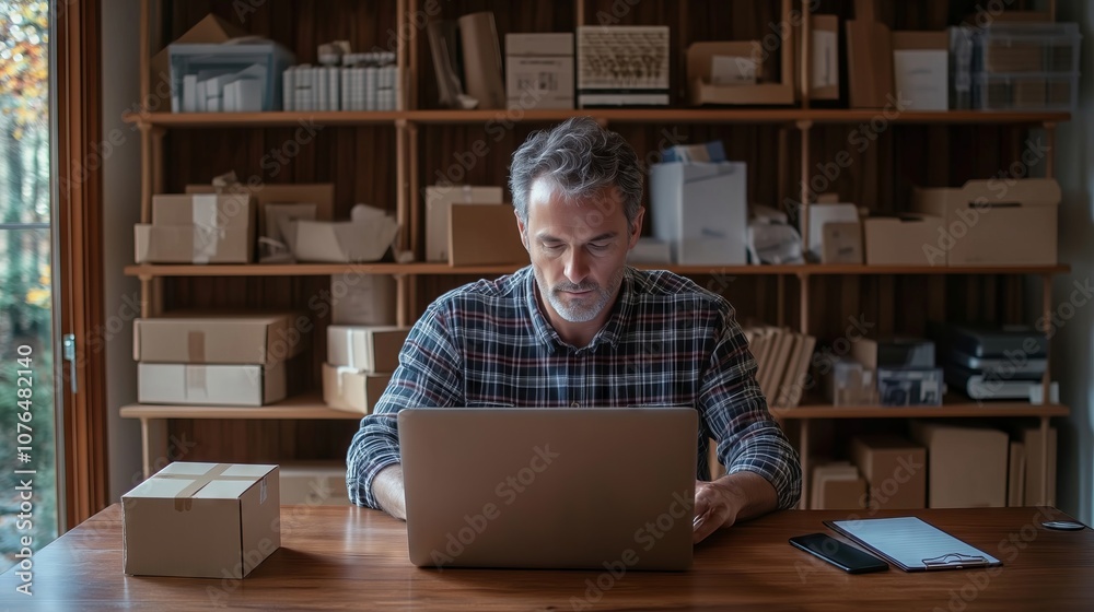 Small business owner managing online orders in warehouse
