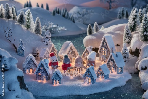 Snowman figurines gather around illuminated houses in a winter wonderland scene.