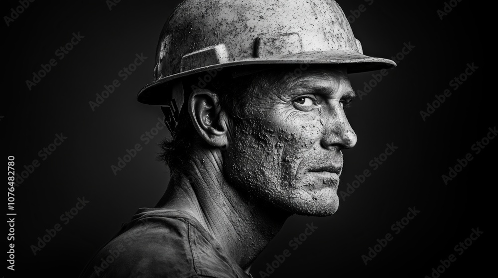 Coal miner wearing helmet and covered in dust Coal miner wearing helmet and covered in dust