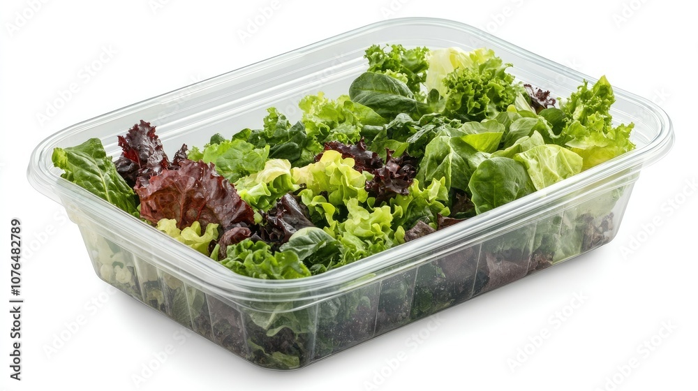Healthy salad in a clear plastic container with a lid, white background emphasizing freshness and convenience Healthy salad in a clear plastic container with a lid, white background emphasizing freshness and convenience