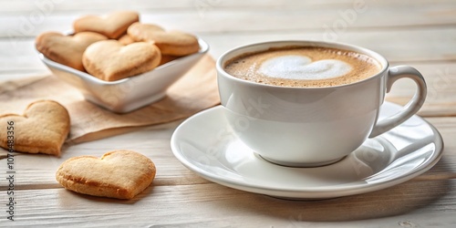 Heart-Shaped Cookies with a Fresh Cappuccino on a Minimalist Table Setting - A Perfect Blend of Sweetness and Comfort for Cozy Moments