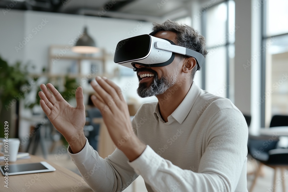 Man Enjoys Virtual Reality Experience with Enthusiasm Man Enjoys Virtual Reality Experience with Enthusiasm