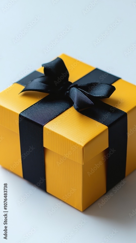 A vibrant yellow gift box with a stylish black ribbon, perfect for celebrations and special occasions. A vibrant yellow gift box with a stylish black ribbon, perfect for celebrations and special occasions.