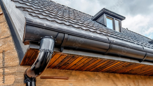 The roof of a private building is covered with a polymer storm drainage system with a gutter