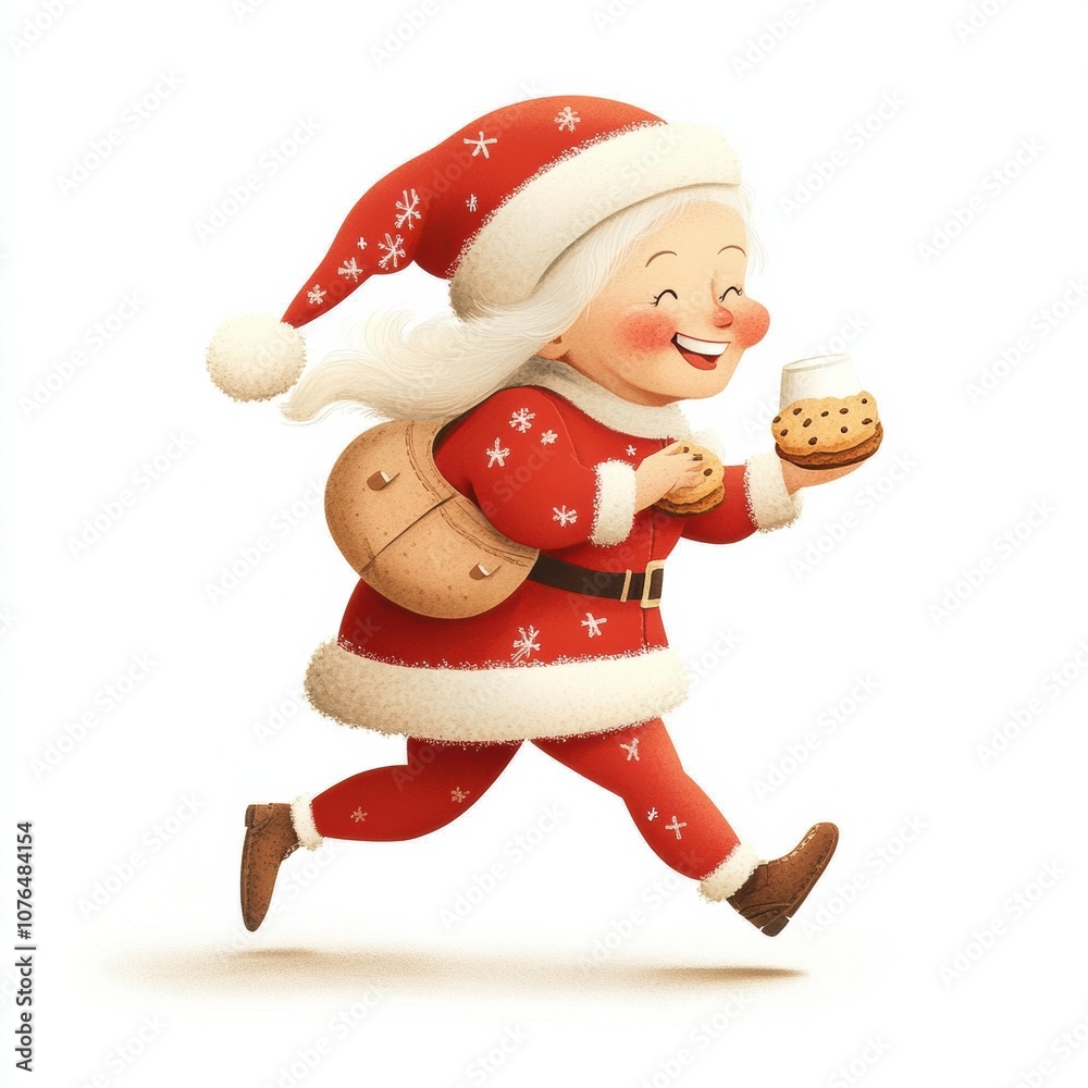 Mrs. Claus, smiling warmly in her red sweater and Santa hat, joyfully runs with cookies, spreading festive cheer and Christmas spirit. Mrs. Claus, smiling warmly in her red sweater and Santa hat, joyfully runs with cookies, spreading festive cheer and Christmas spirit.