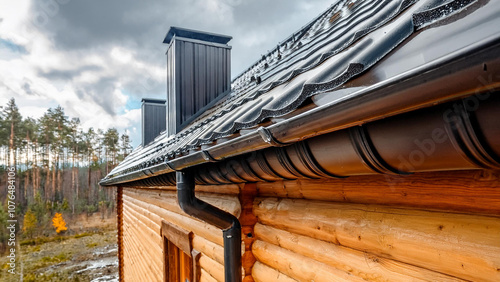 The roof of a private building is covered with a polymer storm drainage system with a gutter