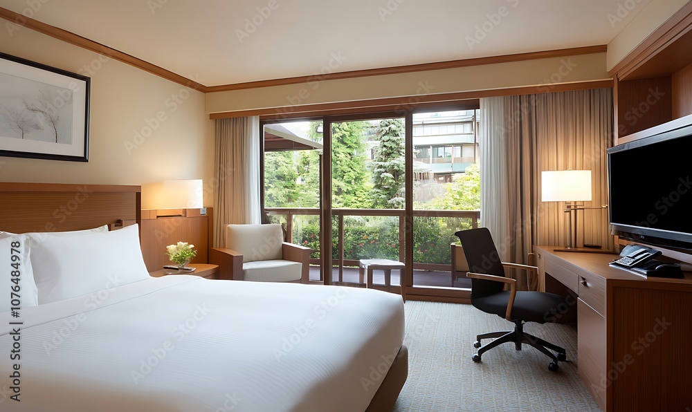 Modern hotel room with a king-size bed, a desk, and a balcony overlooking a garden. Modern hotel room with a king-size bed, a desk, and a balcony overlooking a garden.
