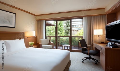 Modern hotel room with a king-size bed, a desk, and a balcony overlooking a garden.