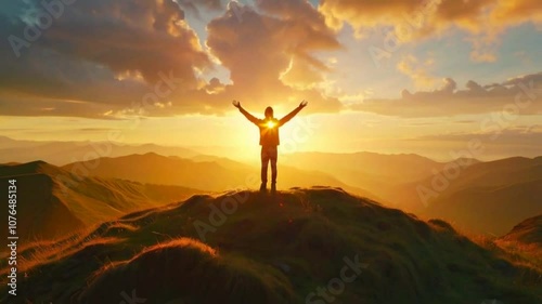 A silhouette of a person with arms raised against a vibrant sunset over mountains.