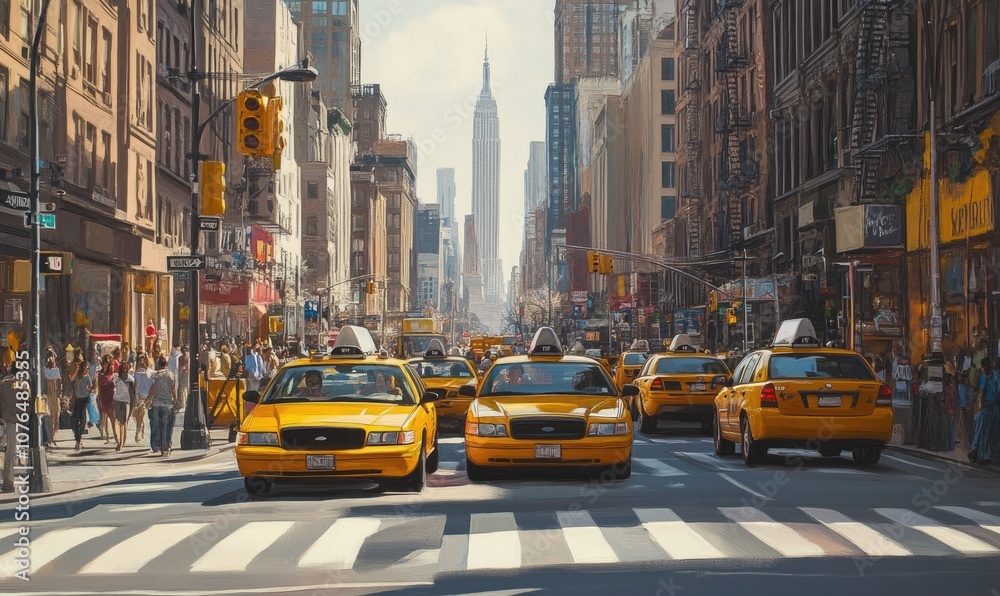 Fototapeta premium A busy city street with many yellow taxis and pedestrians