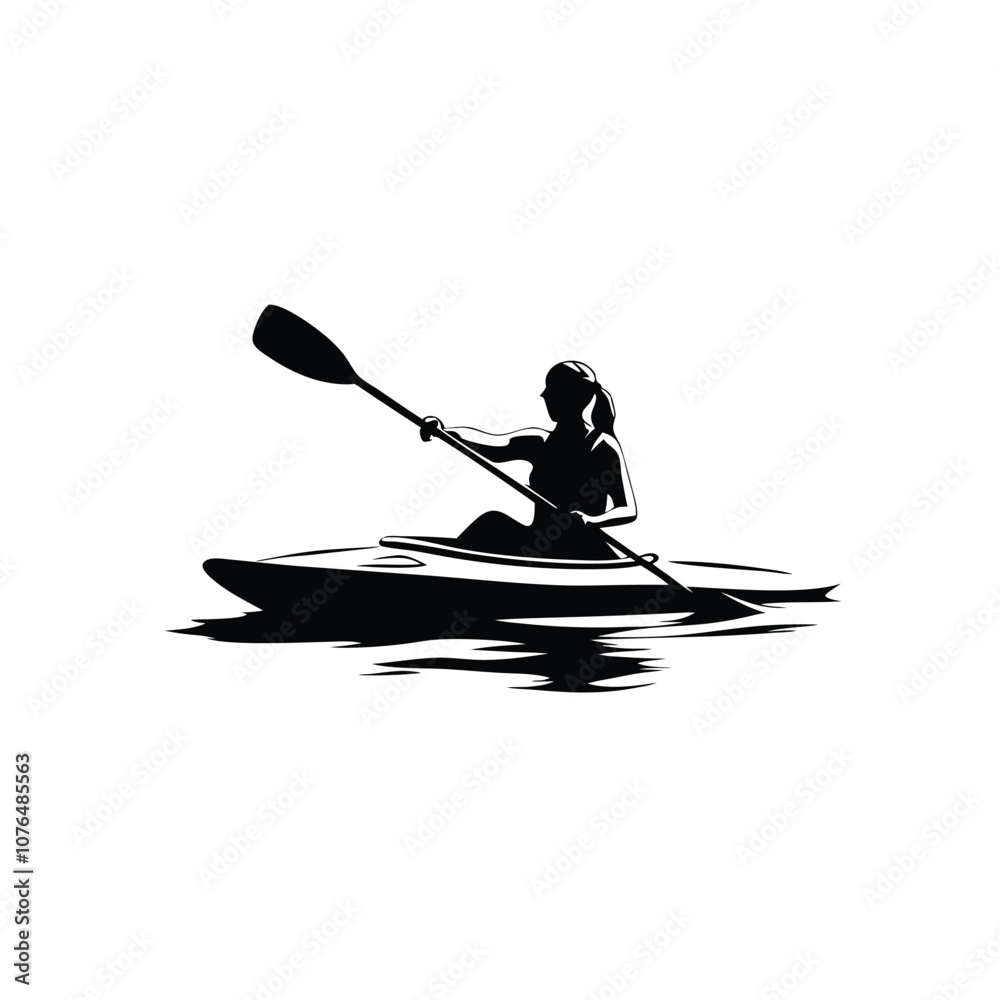 A woman is paddling a kayak. She is wearing a ponytail. The kayak is in the water