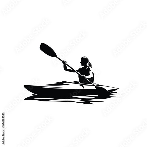 A woman is paddling a kayak. She is wearing a ponytail. The kayak is in the water