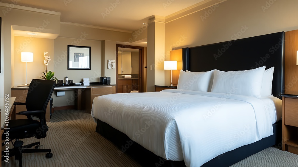 Modern hotel room with king-size bed, desk, and chair. Modern hotel room with king-size bed, desk, and chair.