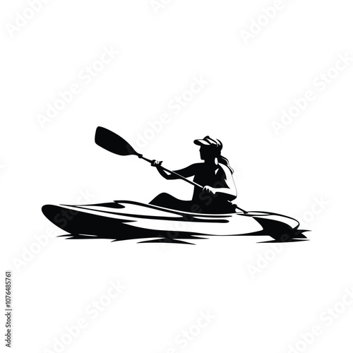 A woman is paddling a kayak. She is wearing a ponytail. The kayak is in the water