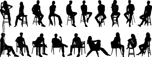 set of silhouettes people sitting on chairs