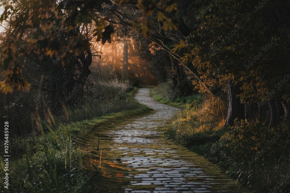 A winding stone path through a forest bathed in golden sunlight. A winding stone path through a forest bathed in golden sunlight.