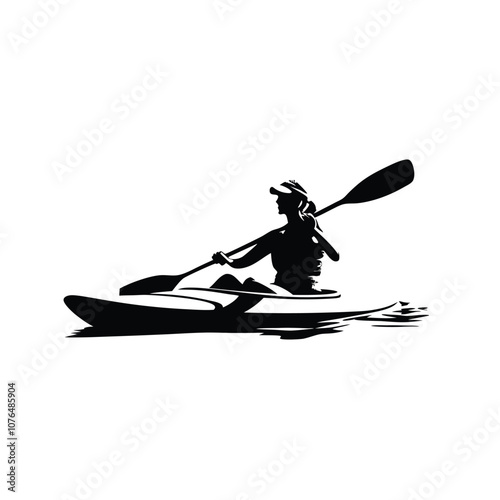 A woman is paddling a kayak. She is wearing a ponytail. The kayak is in the water