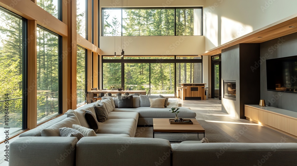 A modern living room with a large sectional couch and a view of a patio with lush greenery through large windows.