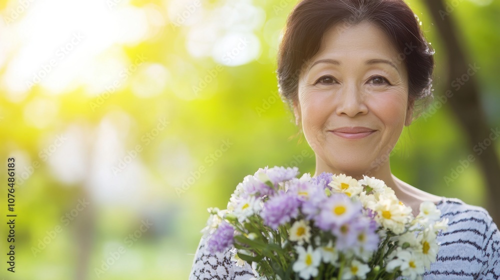 Joyful Woman Holding a Bouquet of Flowers in Nature Joyful Woman Holding a Bouquet of Flowers in Nature