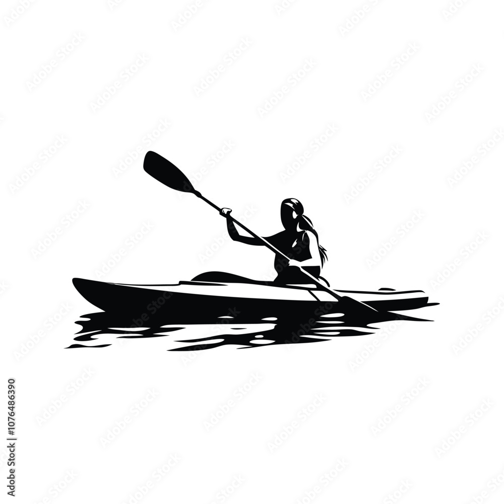 A woman is paddling a kayak. She is wearing a ponytail. The kayak is in the water