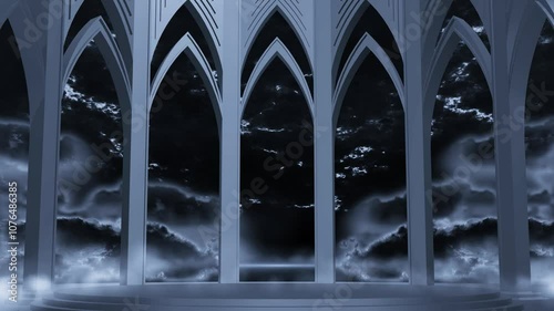 palace pillar window with dark thunderstorm sky, vj loop suitable for performance concert background 