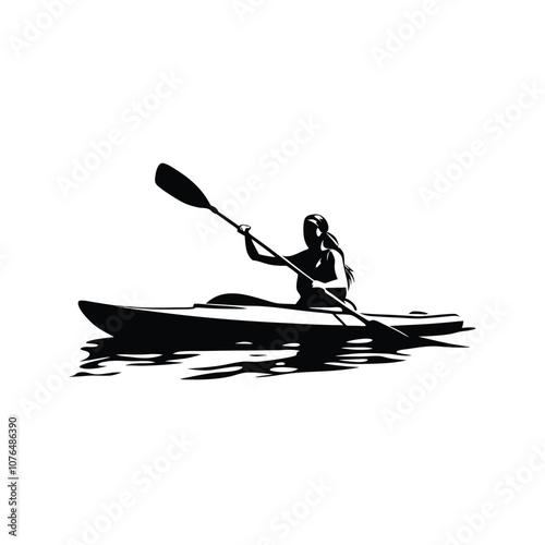 Obraz na płótnie A woman is paddling a kayak. She is wearing a ponytail. The kayak is in the water w salonie