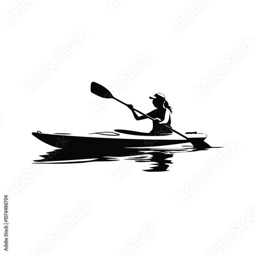 A woman is paddling a kayak. She is wearing a ponytail. The kayak is in the water