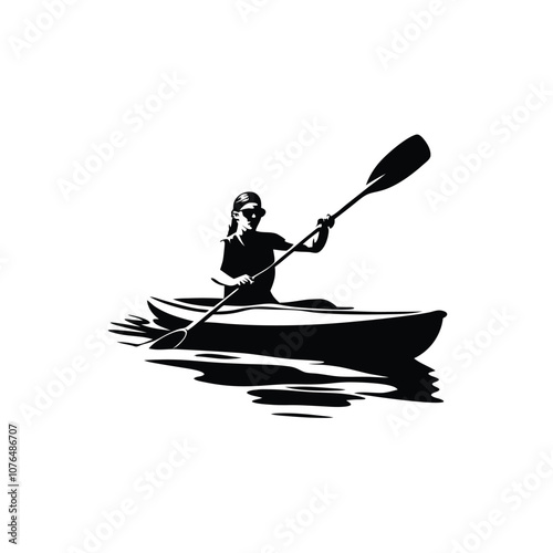 A woman is paddling a kayak. She is wearing a ponytail. The kayak is in the water