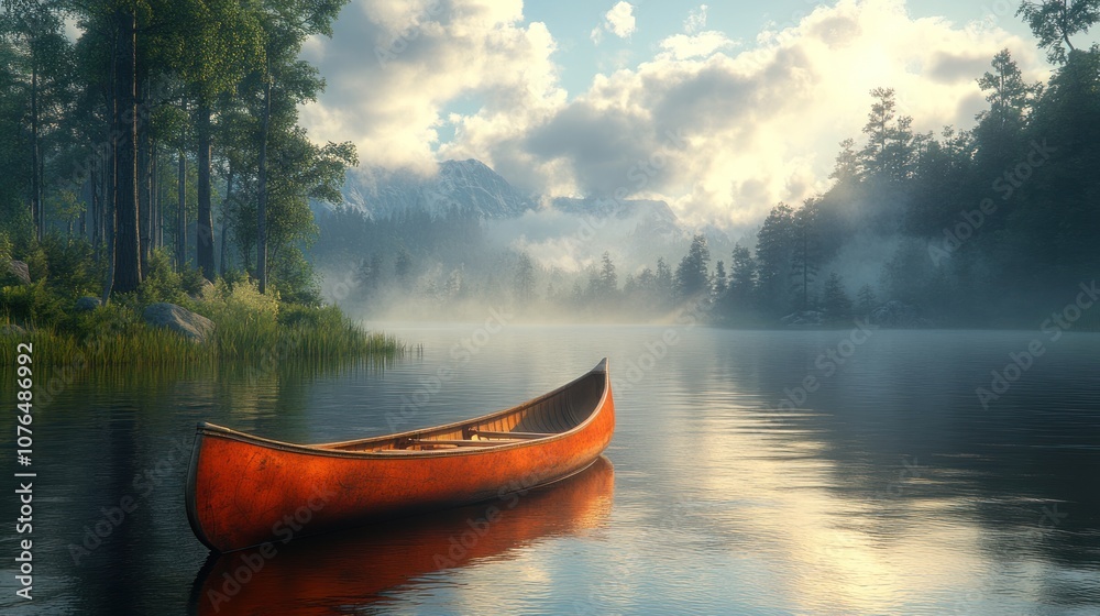Tranquil lake scene with an orange canoe and misty mountains. Tranquil lake scene with an orange canoe and misty mountains.