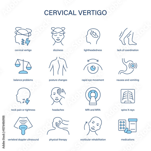 Cervical Vertigo symptoms, diagnostic and treatment vector icon set. Medical icons.