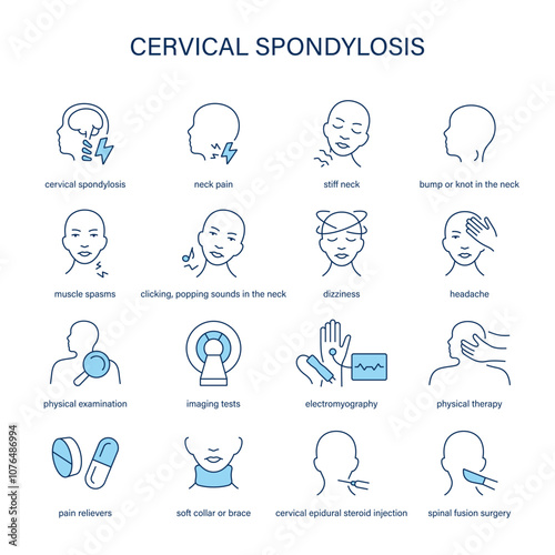 Cervical Spondylosis symptoms, diagnostic and treatment vector icon set. Medical icons.