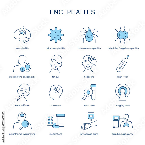 Encephalitis symptoms, diagnostic and treatment vector icon set. Medical icons.
