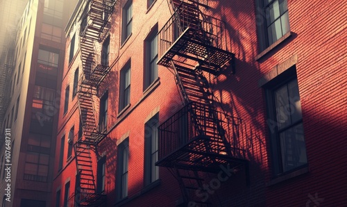 A red brick building with a fire escape on the side