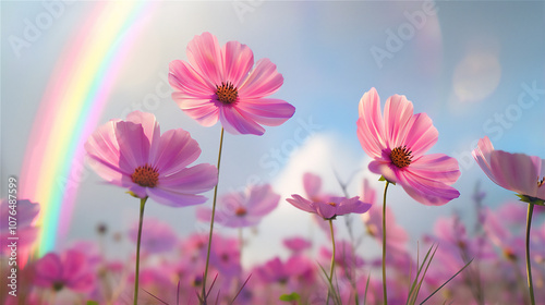 Cosmos Flowers field against rainbow sky version 19