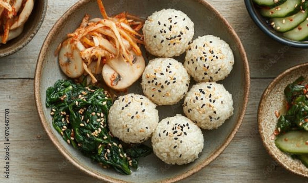 A bowl of rice with sesame seeds and vegetables A bowl of rice with sesame seeds and vegetables